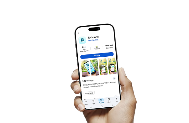 Smartphone con l'app Riciclario visualizzata sullo schermo.